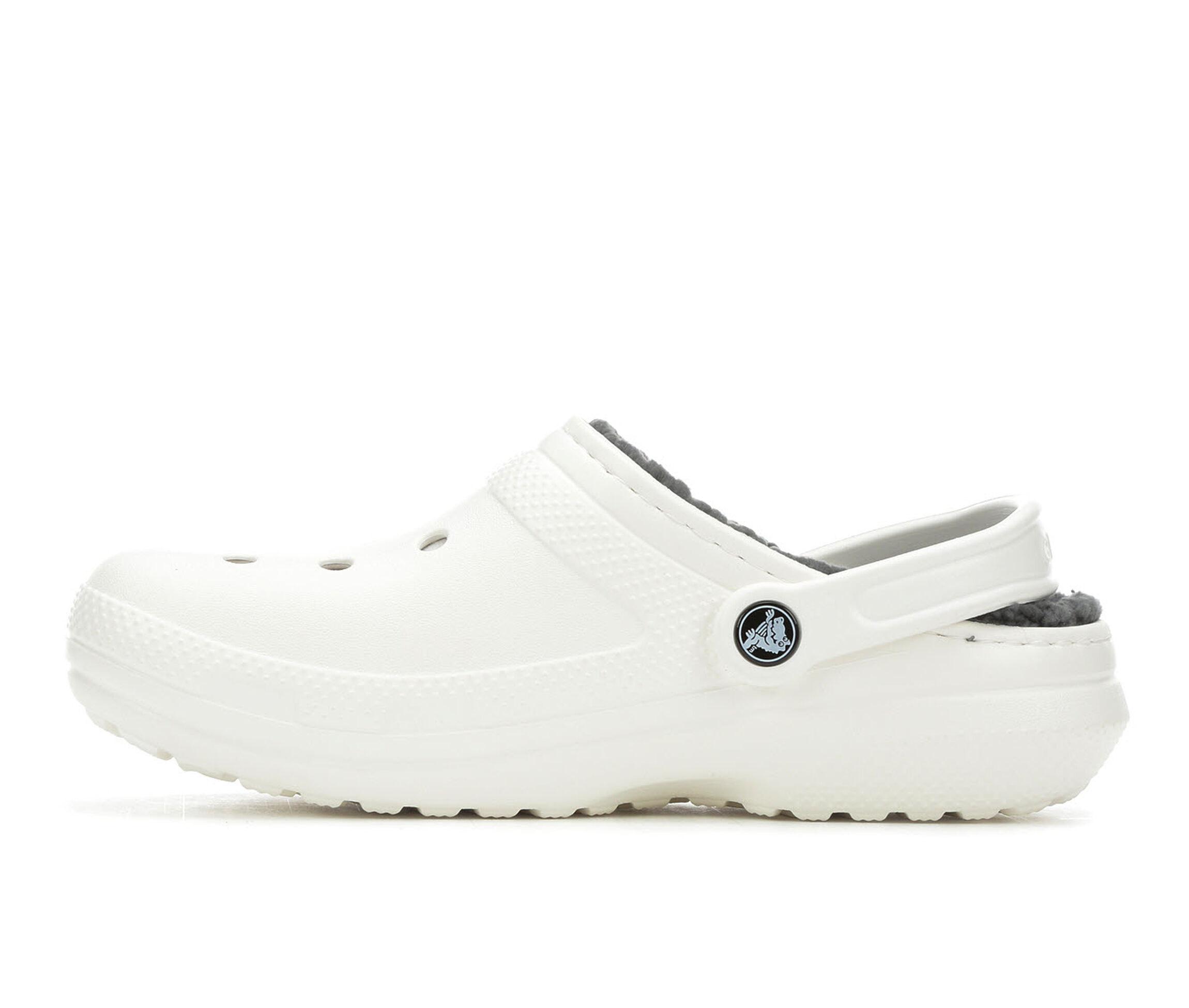 white crocs grey fur