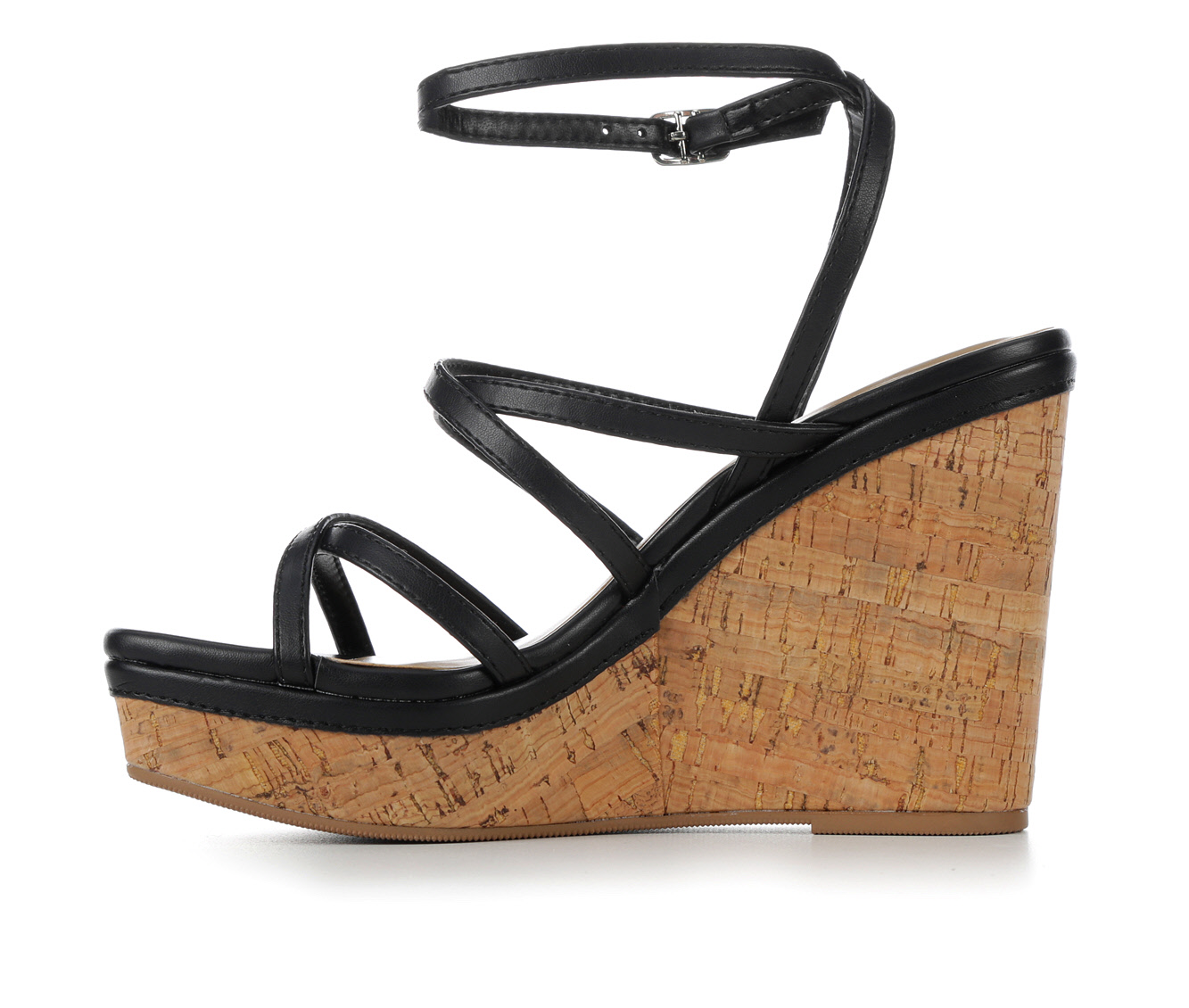 Black wedge sandals with multiple straps
